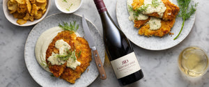 Chicken Schnitzel with Truffle Crisp Crust, Vegetable Purée & Dill Sauce