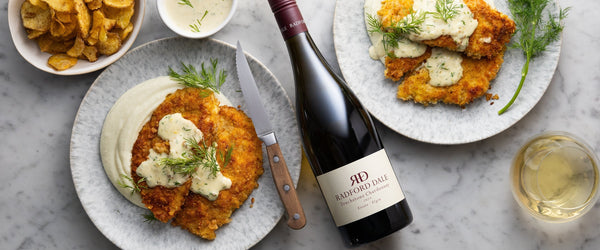 Chicken Schnitzel with Truffle Crisp Crust, Vegetable Purée & Dill Sauce